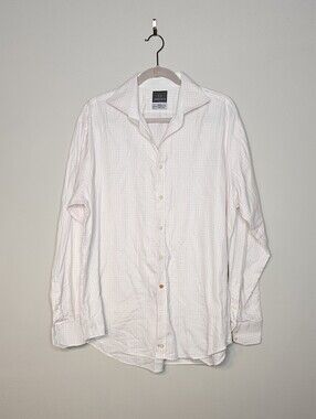 Thomas Dean 100% Cotton Plaid Long Sleeve Button Up Shirt Pink White Plaid XL